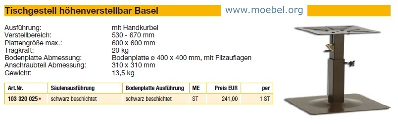Höhenverstellbares Tischgestell Modell Basel