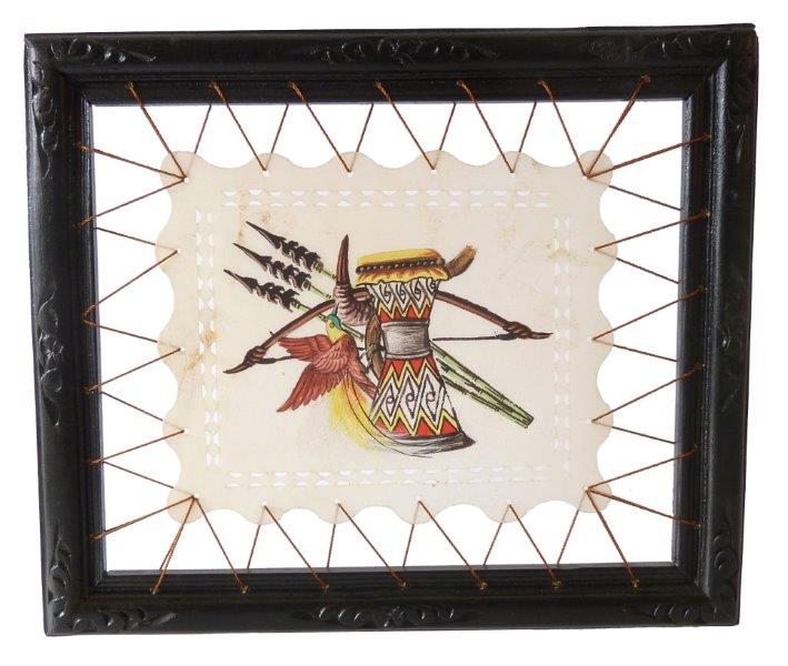 Trommel, Pfeil und Bogen. Indianer-Motiv, Gemälde im Holzrahmen