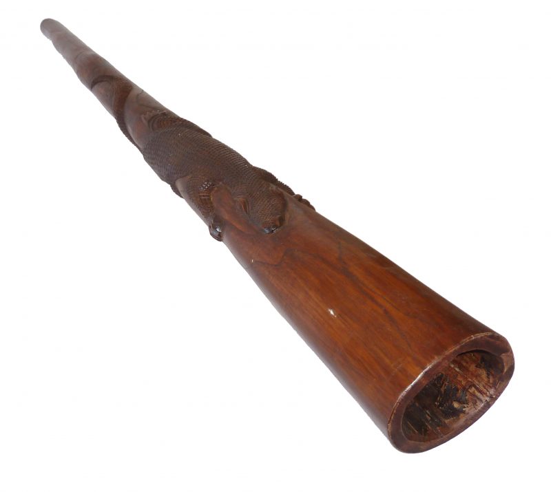 Musikinstrument aus Holz, Didgeridoo mit Schnitzkunst, Motiv Echse / Gecko / Krokodil