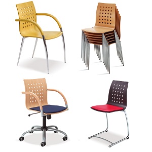 Stühle Serie “ELENA”, zahlreiche Varianten und Untergestelle (auch als Drehstuhl und mit Kufen-Gestell), teilweise stapelbar und je nach Modell mit Armlehnen