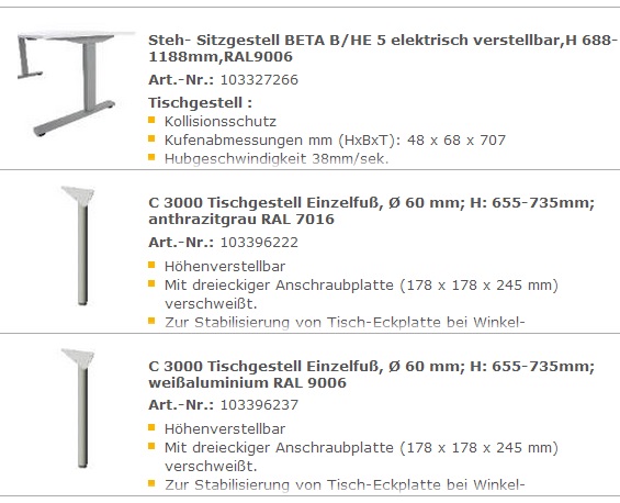 Stehgestell Sitzgestell elektrisch verstellbar, RAL 9006, Tischgestell, Einzelfuss