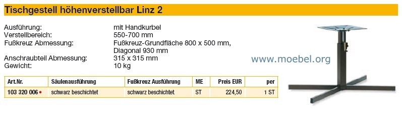 Höhenverstellbare Tischgestelle, Modell Linz 2